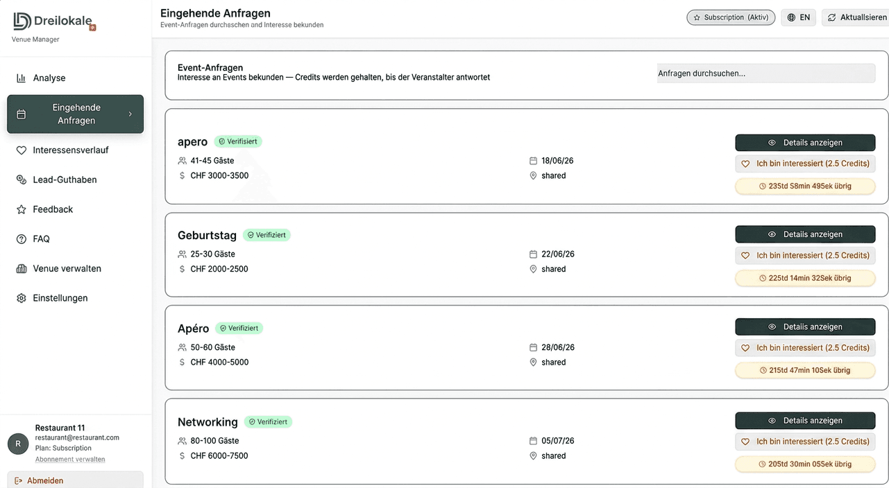 Dreilokale Venue-Manager Dashboard mit eingehenden Event-Anfragen wie Hochzeit, Apéro, Geburtstag, Firmenanlass und Taufe