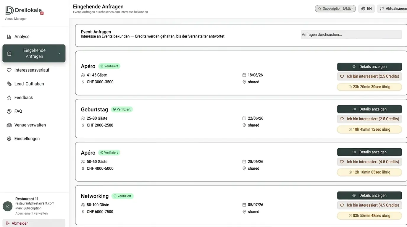 Dreilokale Venue-Manager Dashboard mit eingehenden Event-Anfragen wie Hochzeit, Apéro, Geburtstag, Firmenanlass und Taufe